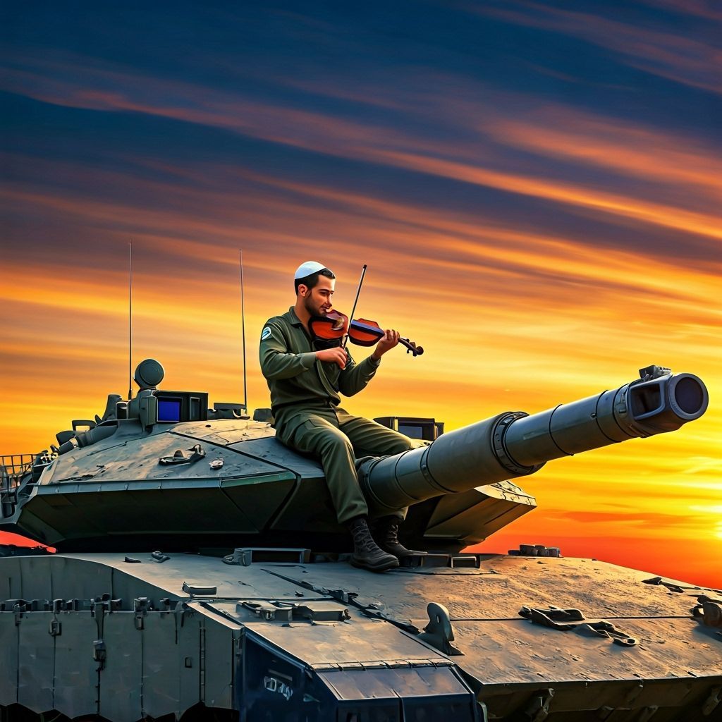 Soldier Plays Violin on Tank Amidst Dramatic Sunset