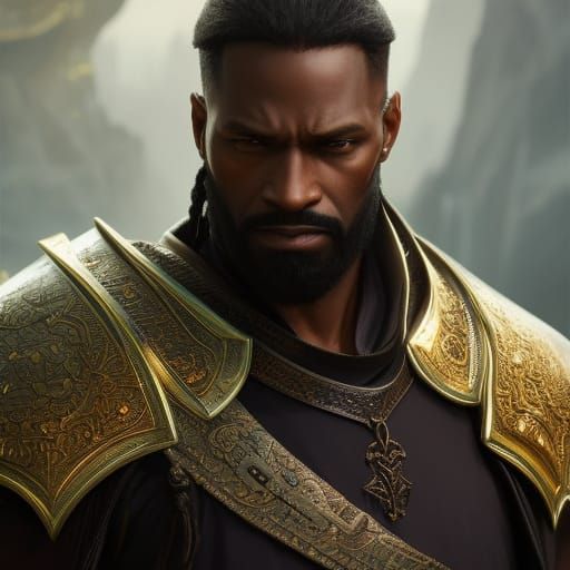 Dark skinned man with pony tail and goatee, hauberk, cloak, dnd ...