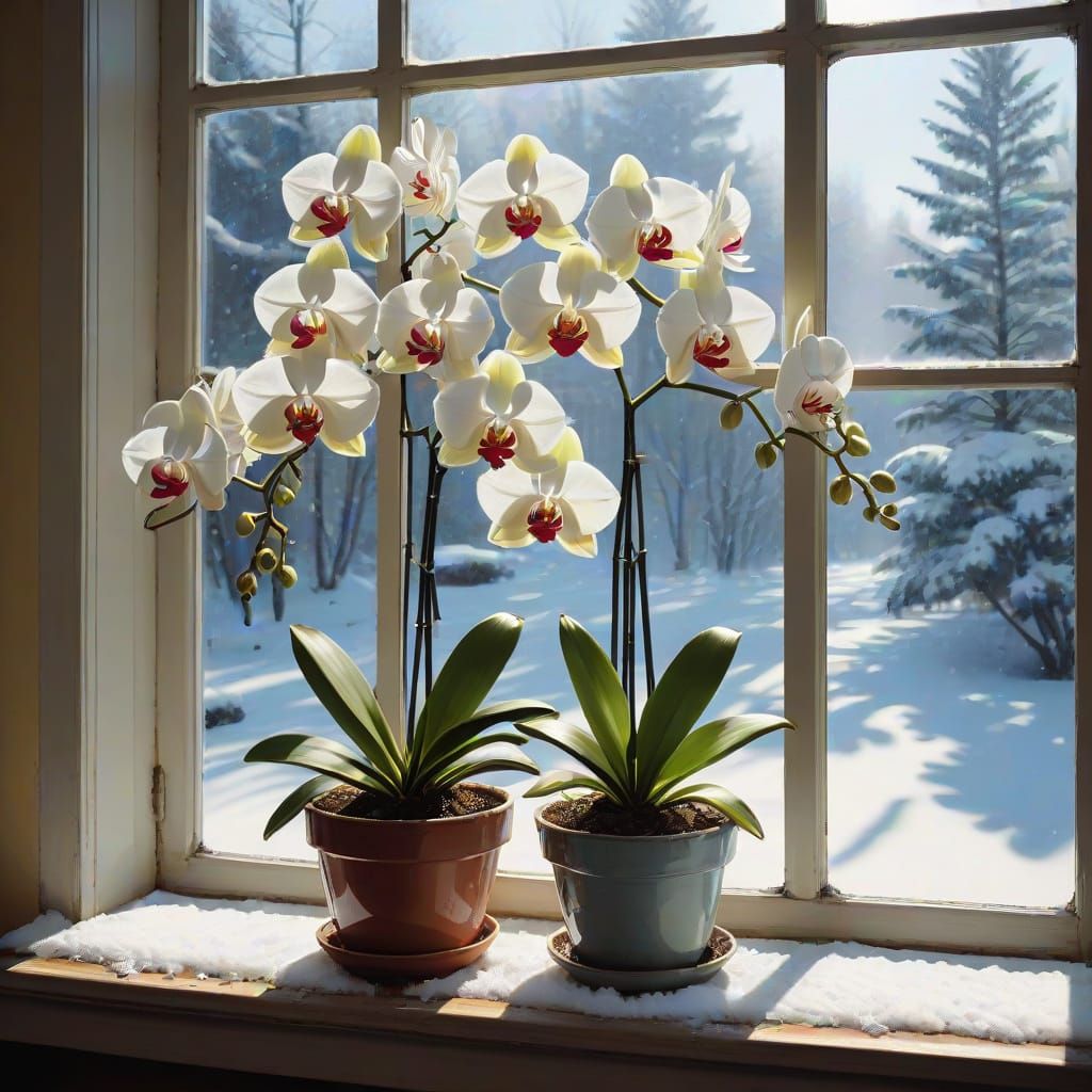 Orchids in Sunlit Winter Wonderland
