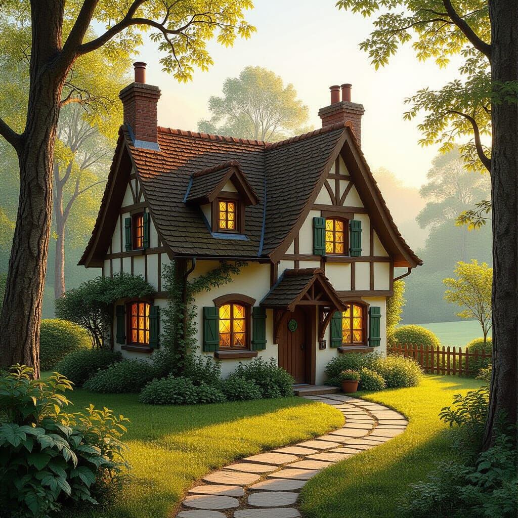 Dreamy Cottage in Lush Greenery, Storybook Illustration