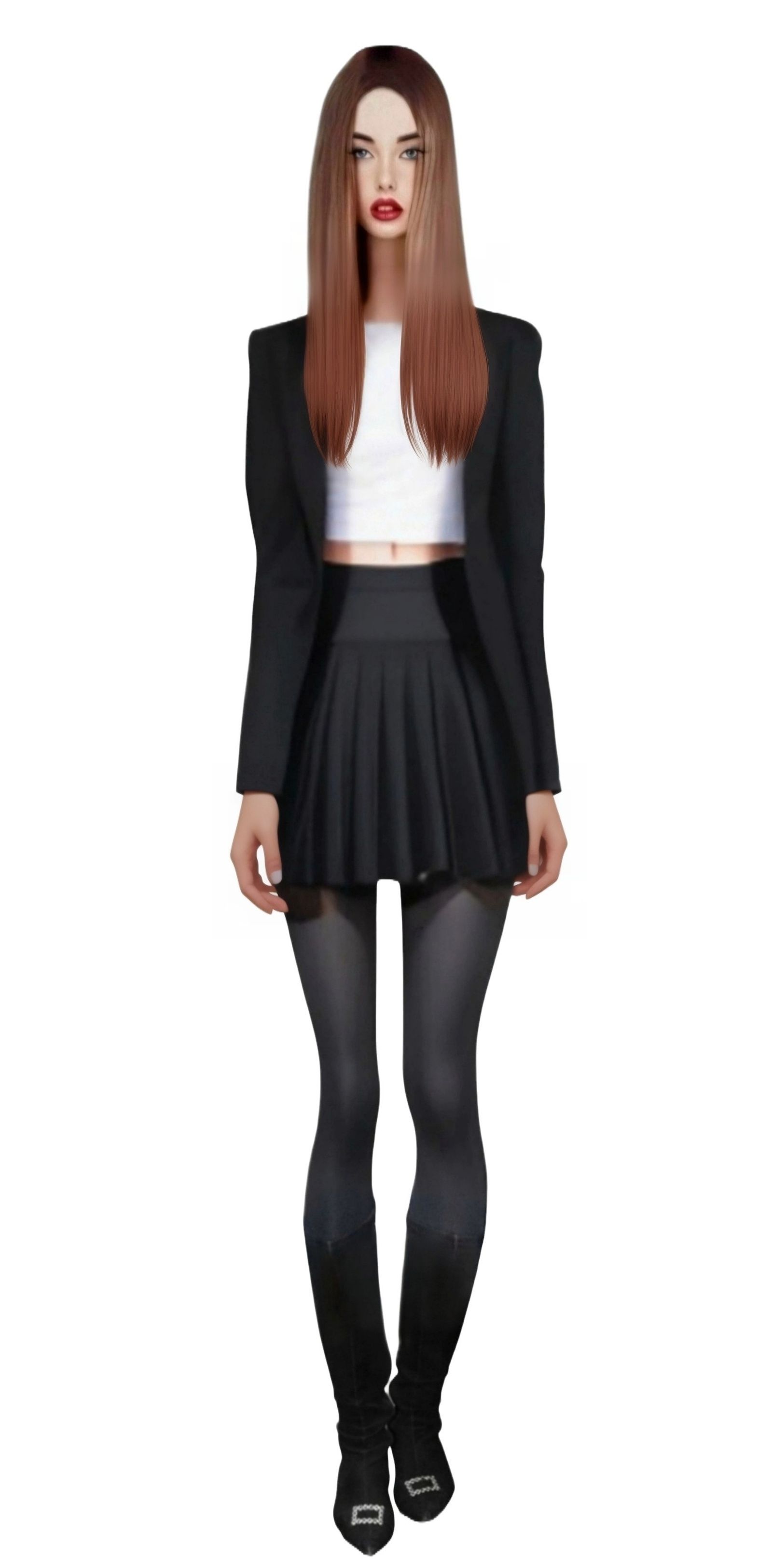 18 year old female with long straight brunette hairstyle, wearing black blazer with white cropped top & dark skirt, with...