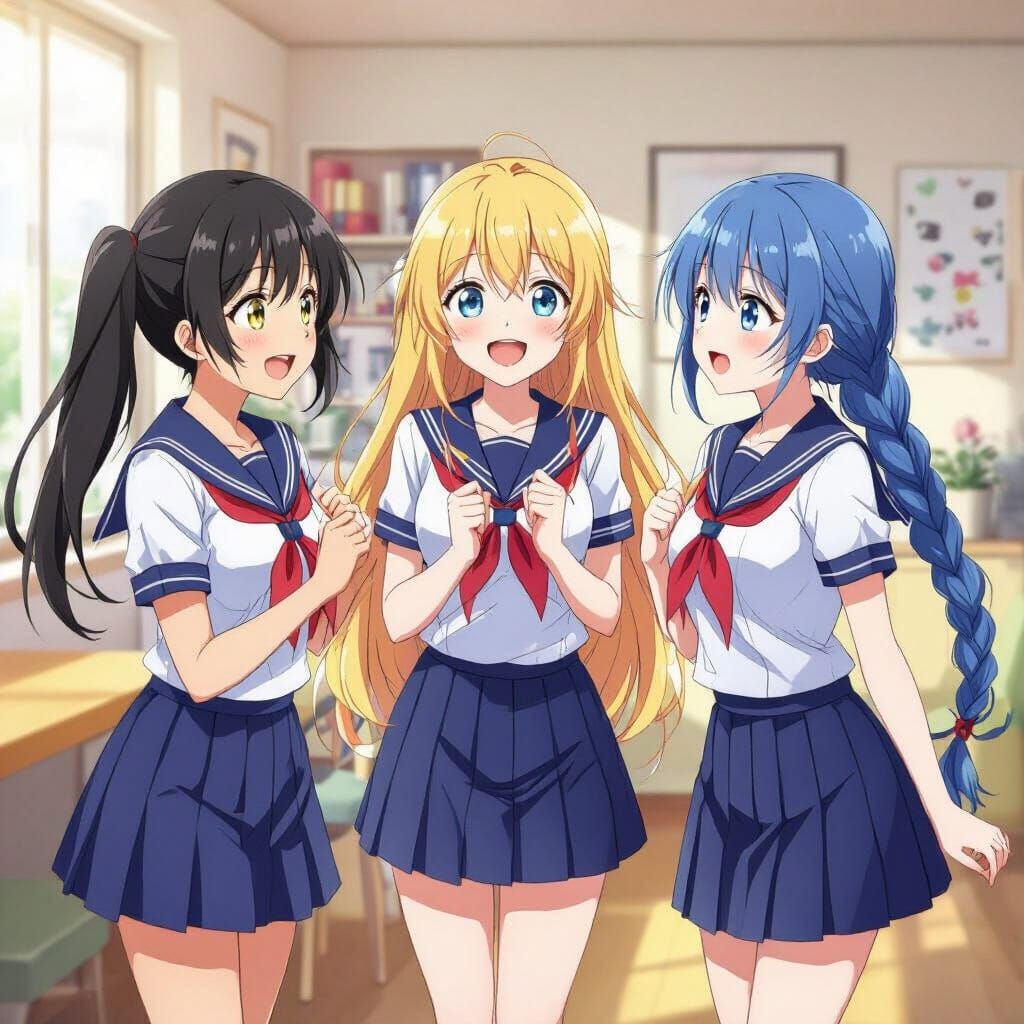 Three Anime Girls in Sailor Uniforms Chatting