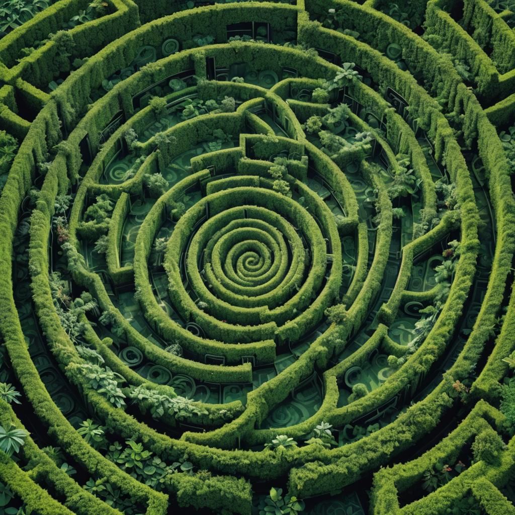 Strange plants growing in a H.R. Giger styled green spiral-shaped hedge ...