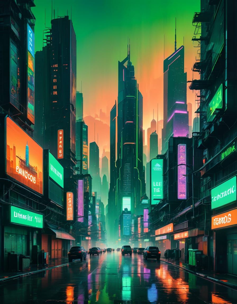 neon green glow emanating from city skyscrapers