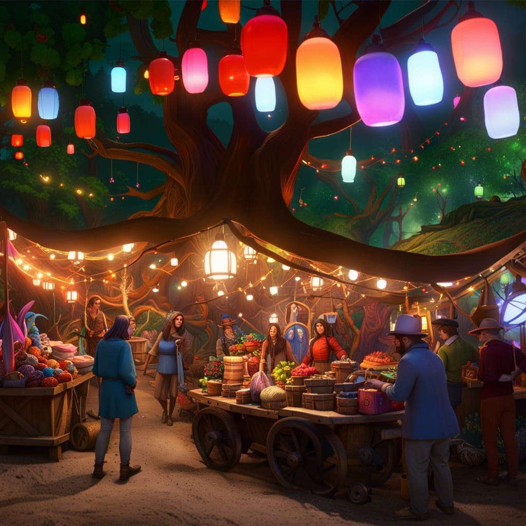 bazaar in a magical forest with people selling trinkets on blankets and ...