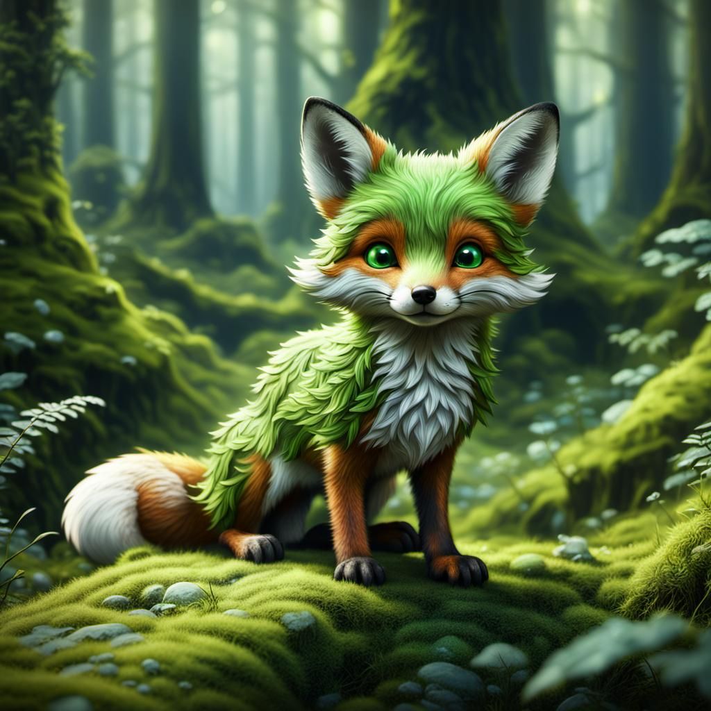 cute green baby fox in a beautiful mossy forrest landscape - AI ...