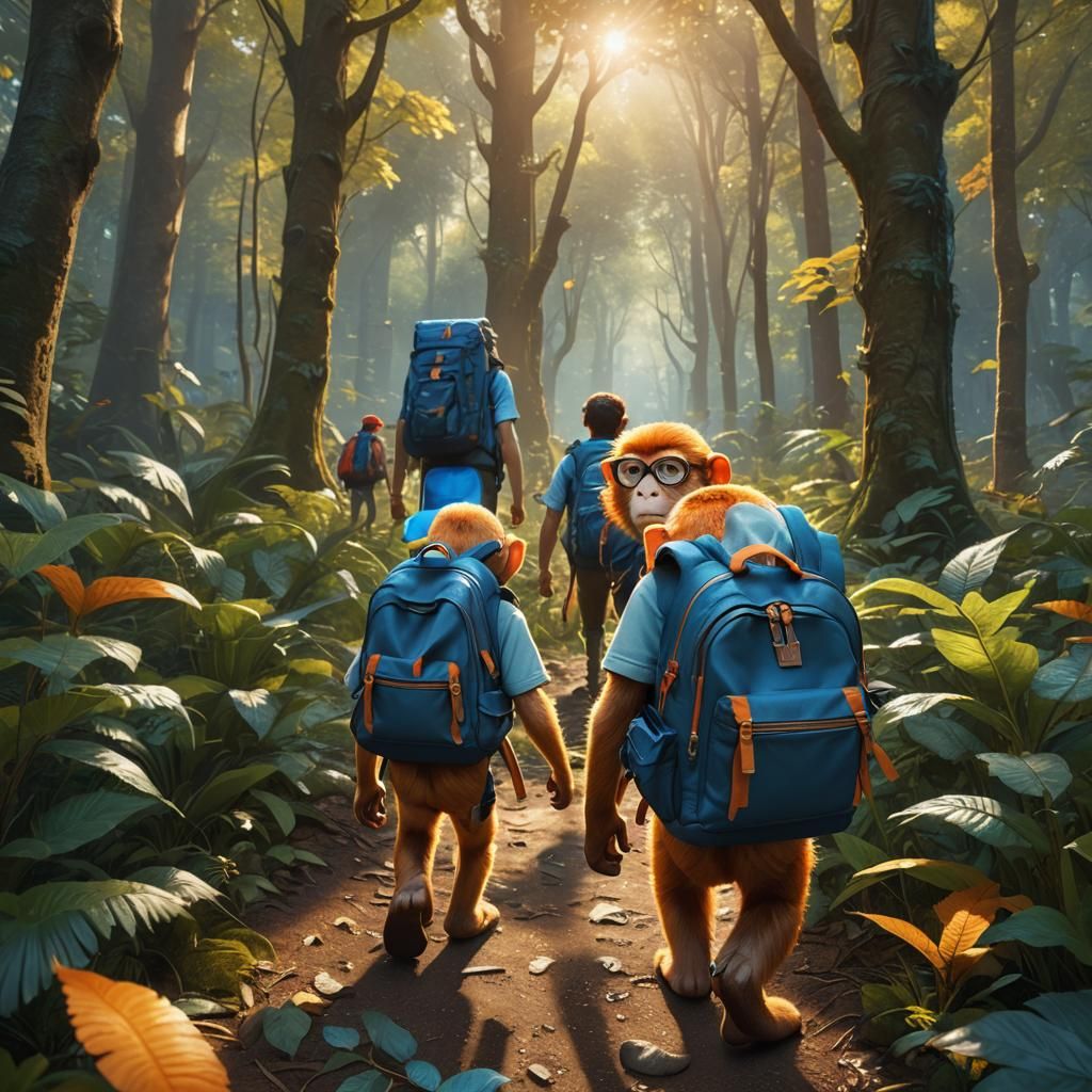 Ginger Monkey Backpacking Through Forest, Digital Art