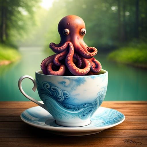 Cute tentacles octopus with expressive eyes in a "menger sponge" teacup