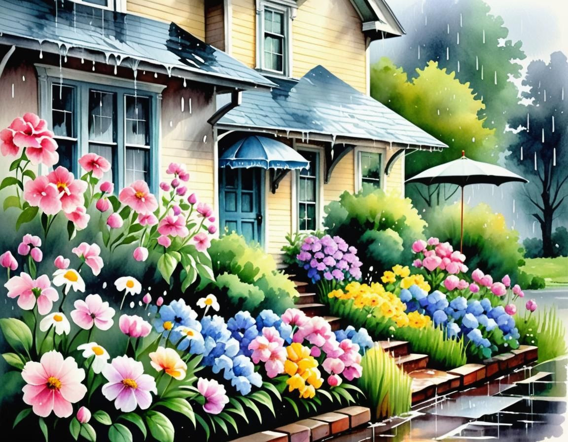 wet beautiful flowers in front of the house during the summe...
