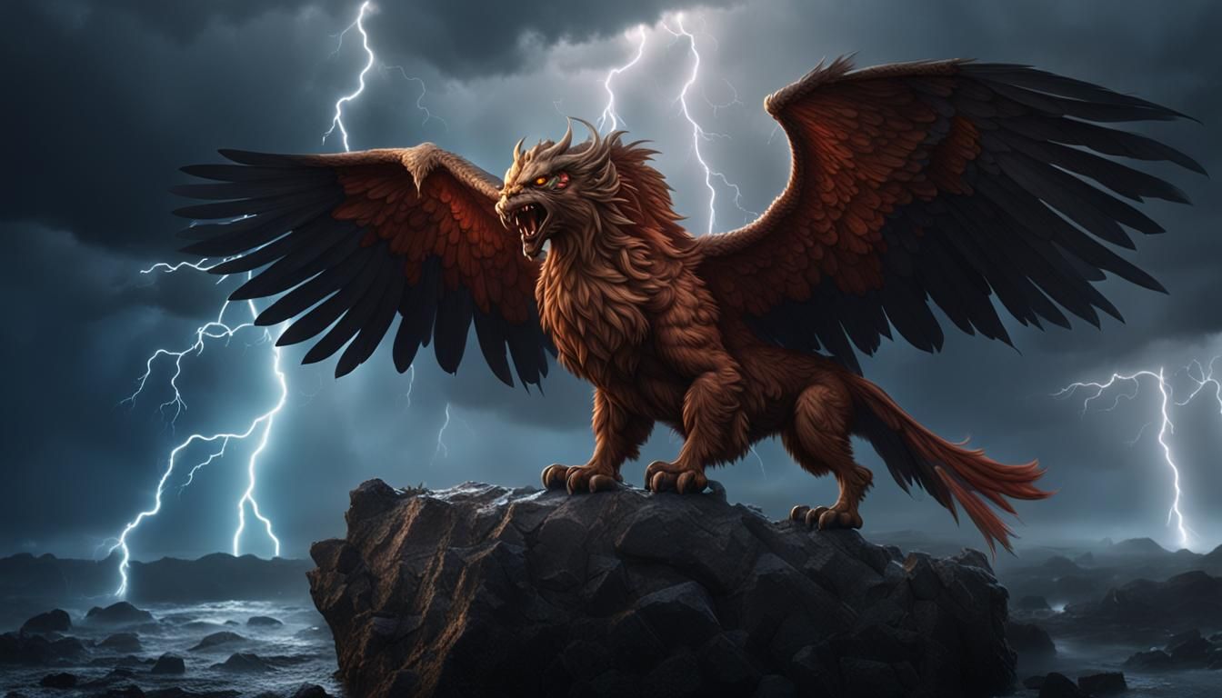 a devilishly beautiful griffin stands on a rock in a storm a...