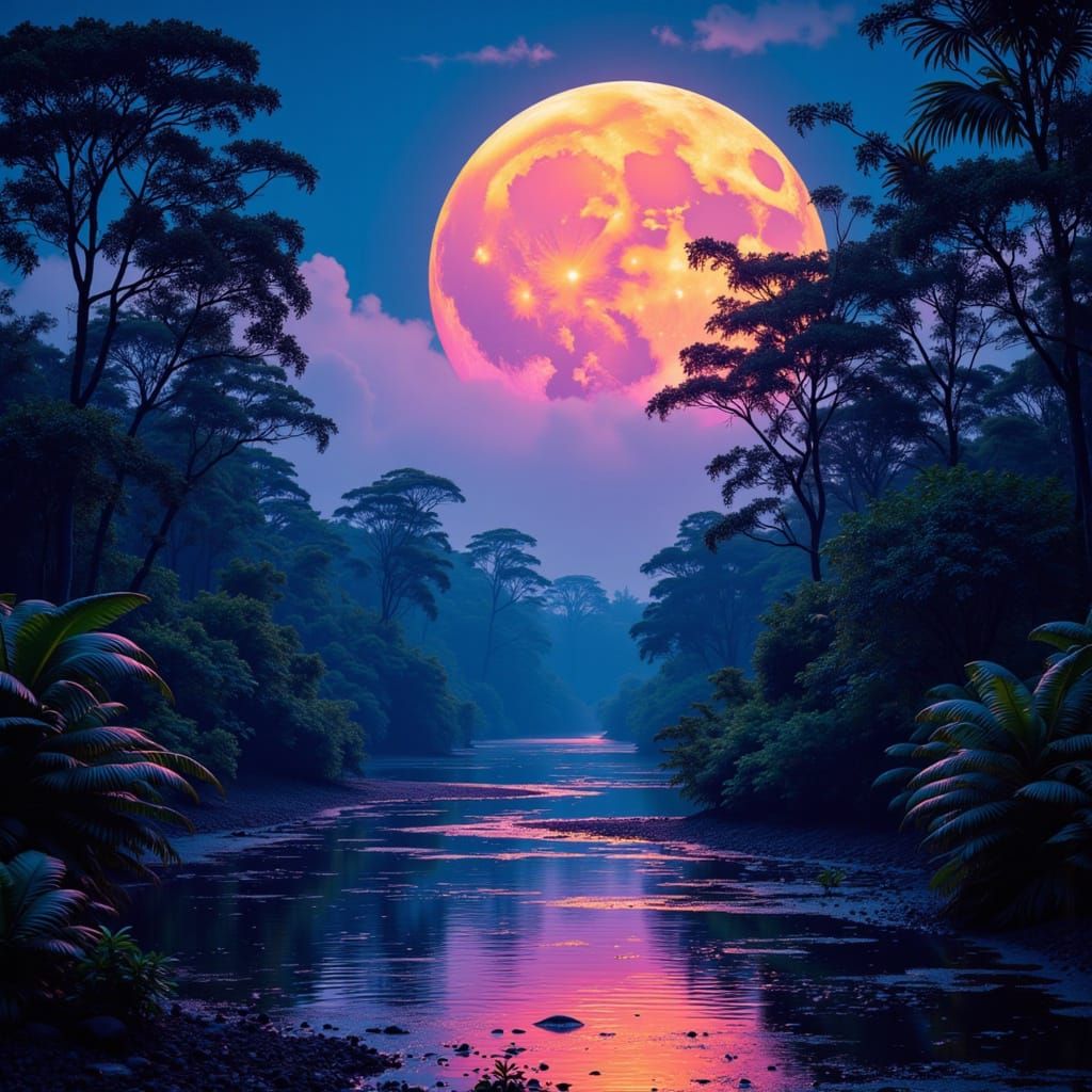 Harvest Moon Rises Over Rain Forest