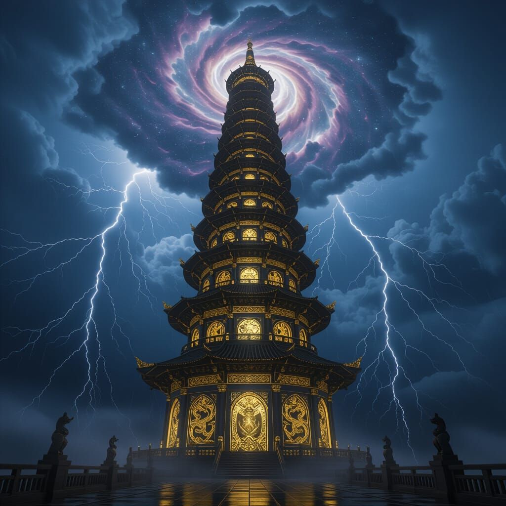 
"A photorealistic, hyper-detailed render of a single, immense spiral tower rising out of a churning, atmospheric storm cloud. The tower's s...
