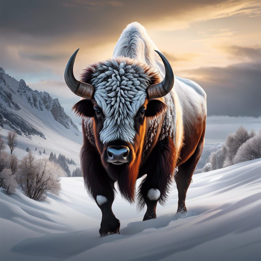 [Robust, Rugged, Stoic, Tawny, Noble, "WHITE FUR" Bison standing against a stormy snowy prairie backdrop], ...  by @Lennis