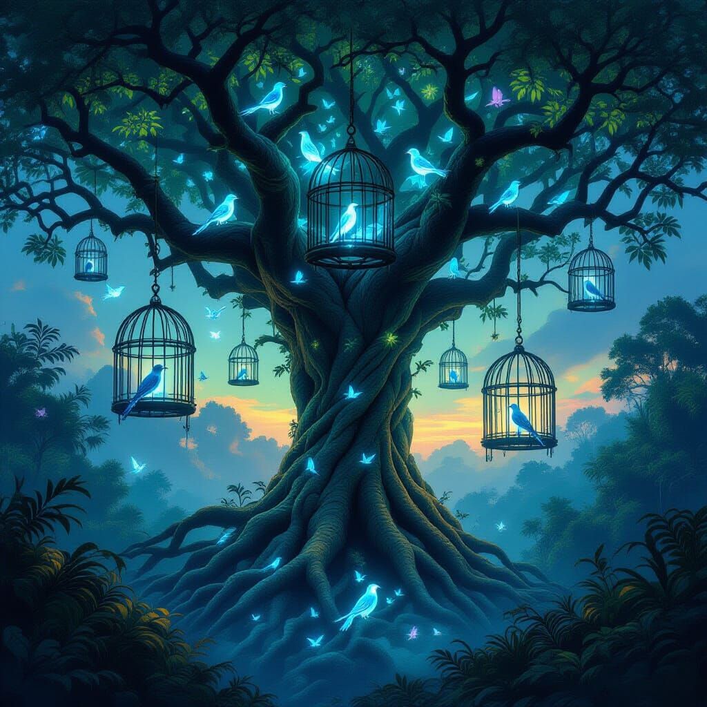 A colossal, ancient tree with roots that intertwine to form intricate, living birdcages