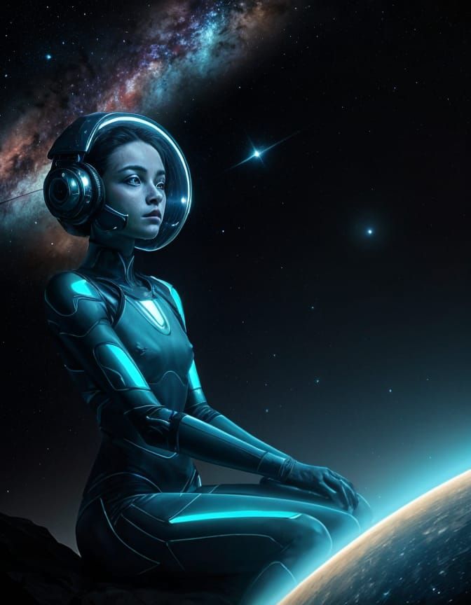 A mesmerizing digital painting of a serene, translucent human figure, seated cross-legged in a contemplative pose, with an ethereal glow ema...