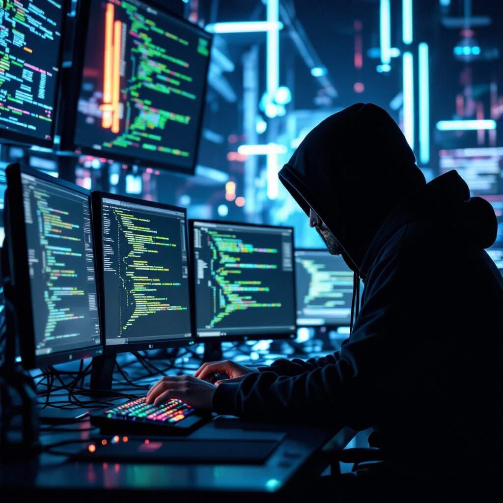 Hacker Breaching Government Site in Neo-Noir Style