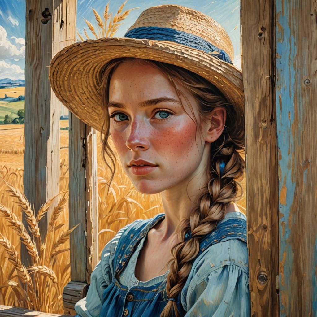 Imagine Oil painting of young girl with braided hair, with h...