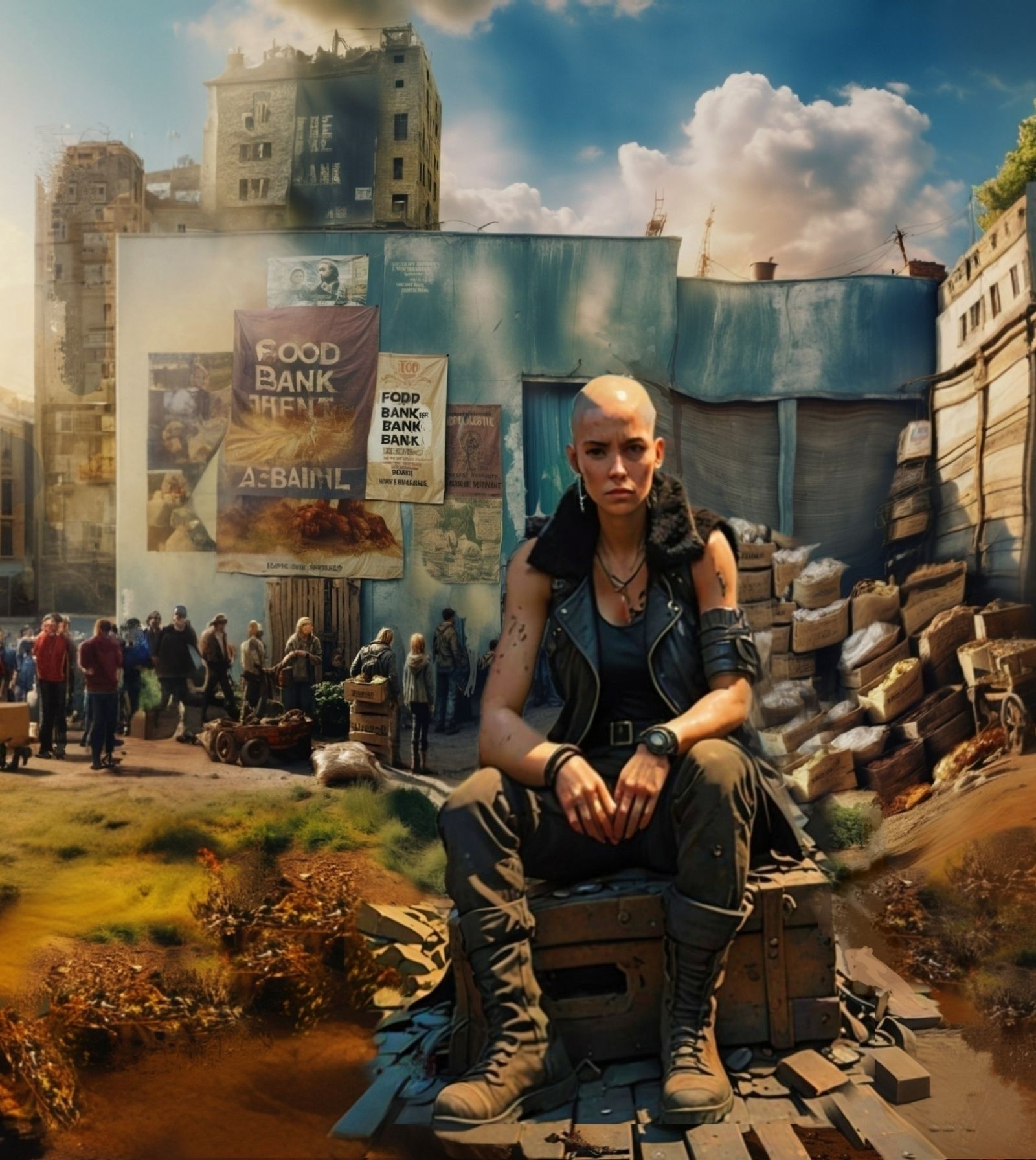 Woman . Food bank. Postapocaliptic , Dystopian .