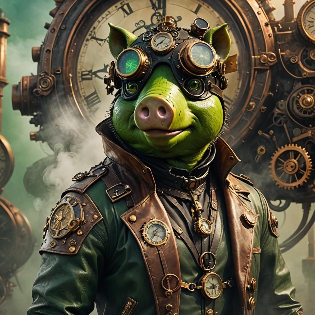 👉🌿The image features a green piggy dressed in a steampunk ...