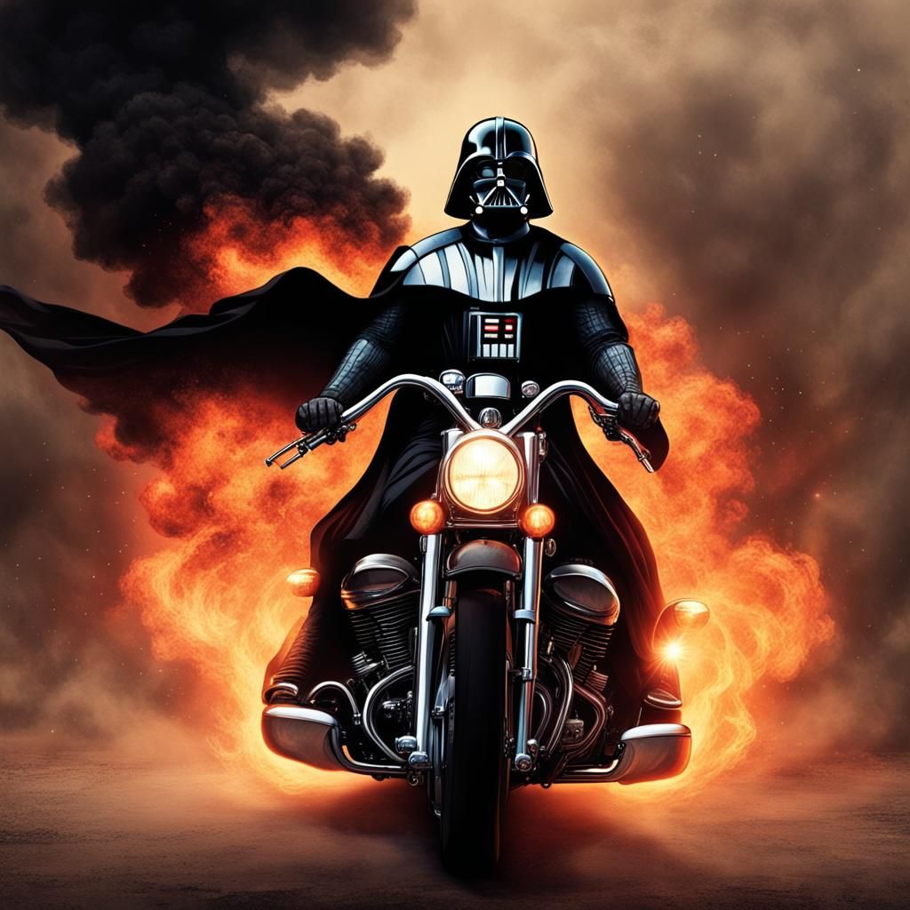 Darth Vader riding a Harley with a dark dust cloud with fire...