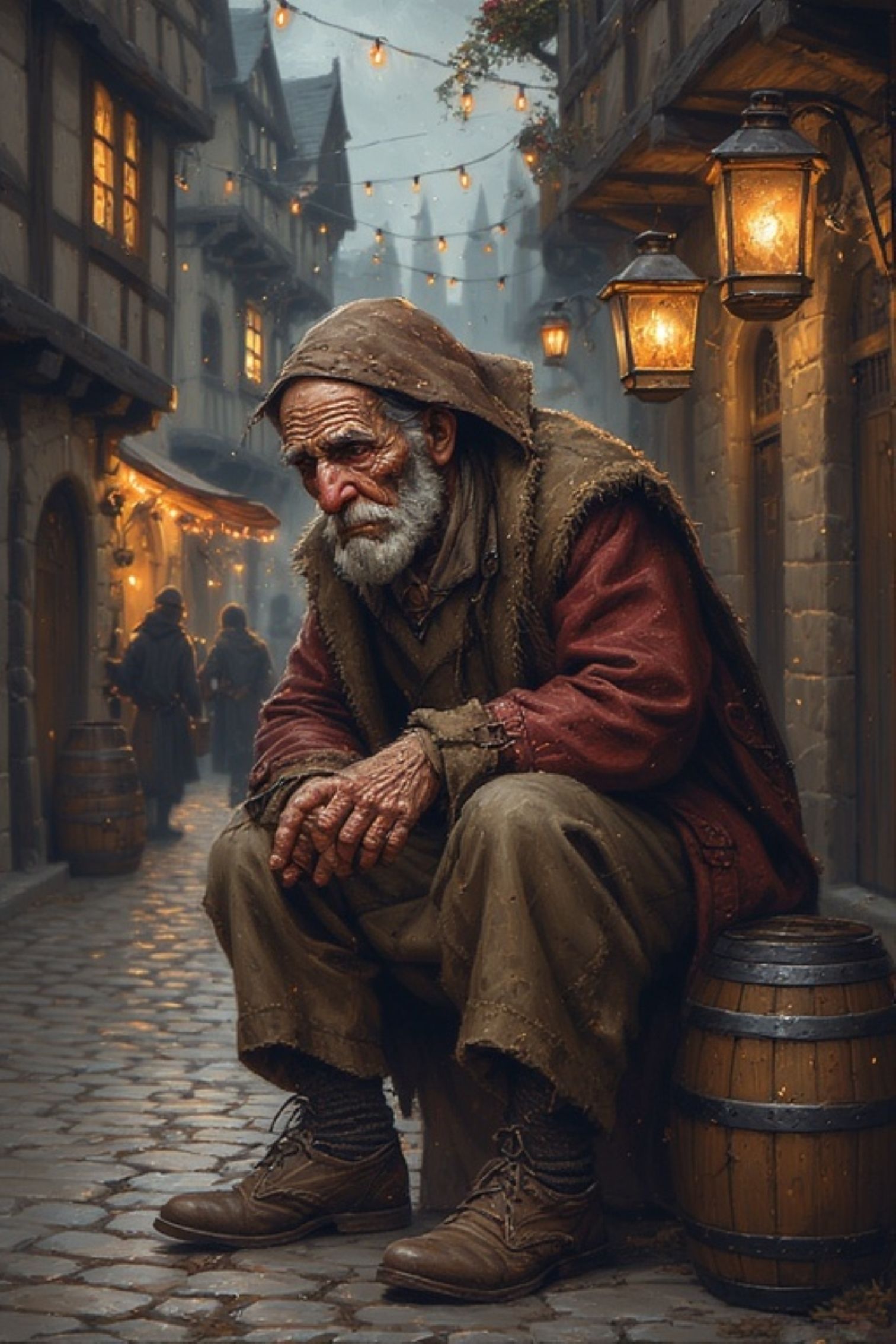 An image capturing a lone beggar sitting on a old wooden bar...