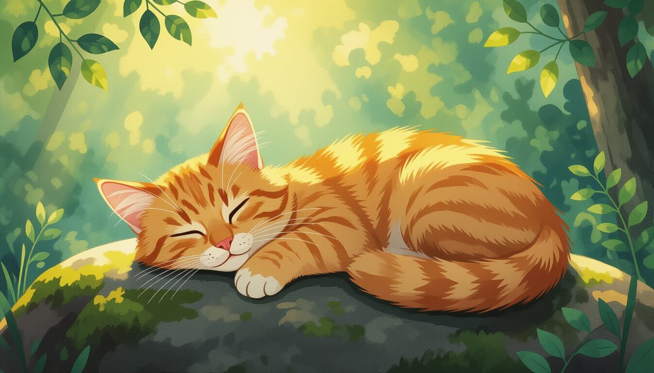 Cute Ginger Cat Sleeping in Sunlit Forest