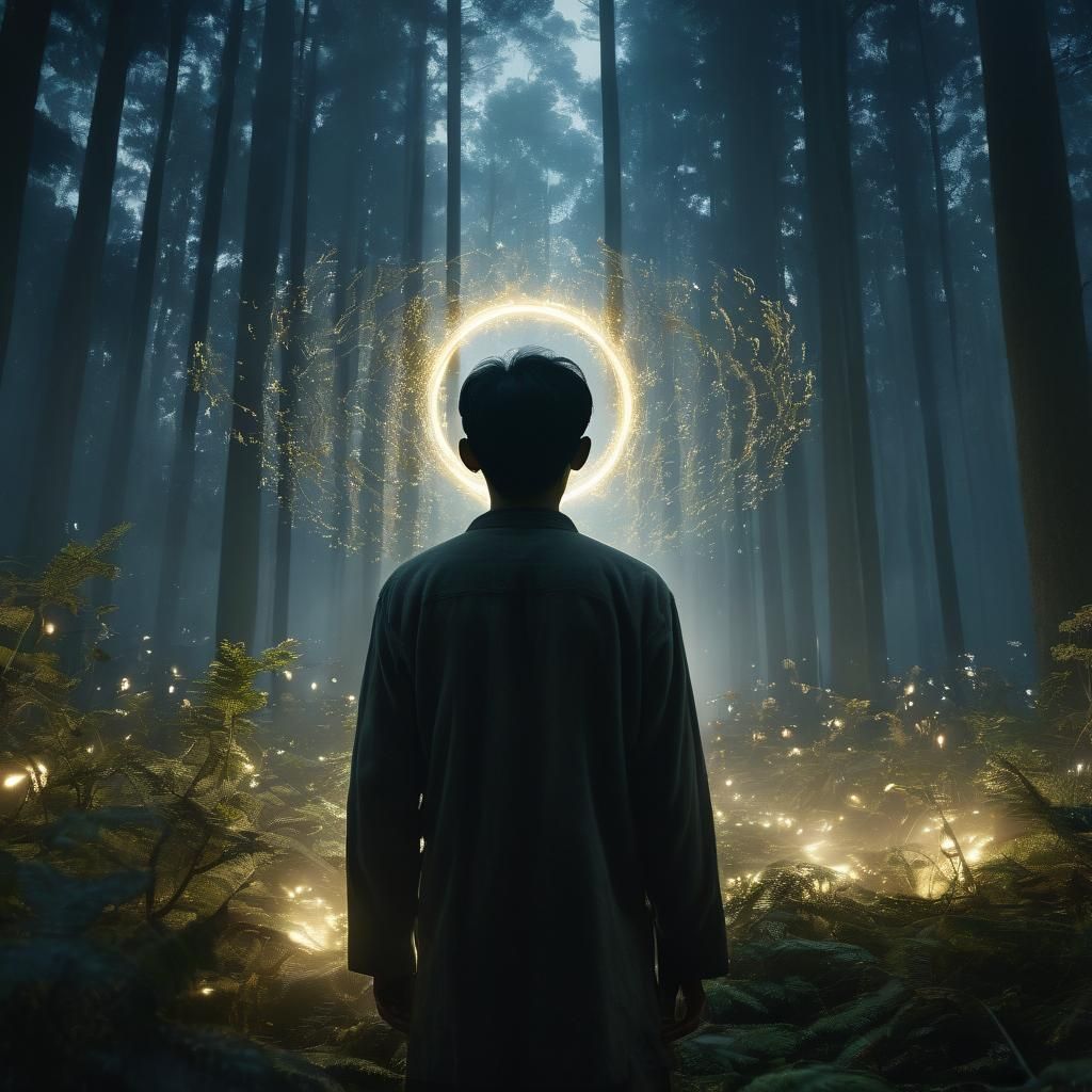 Mystical Forest Scene with Luminous Figure