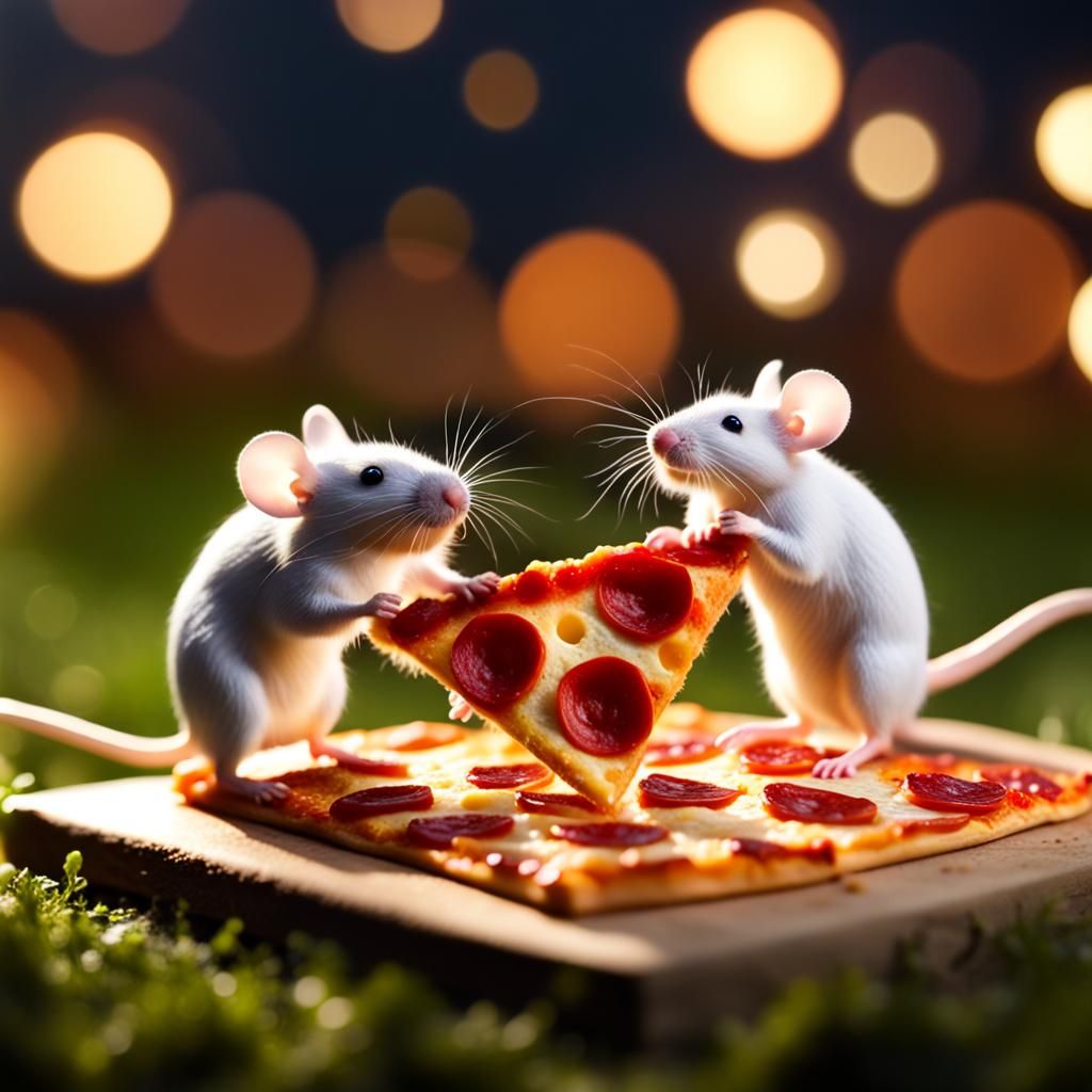 Photograph, Macro, mice love to eat square pizza on the meadow, depth ...