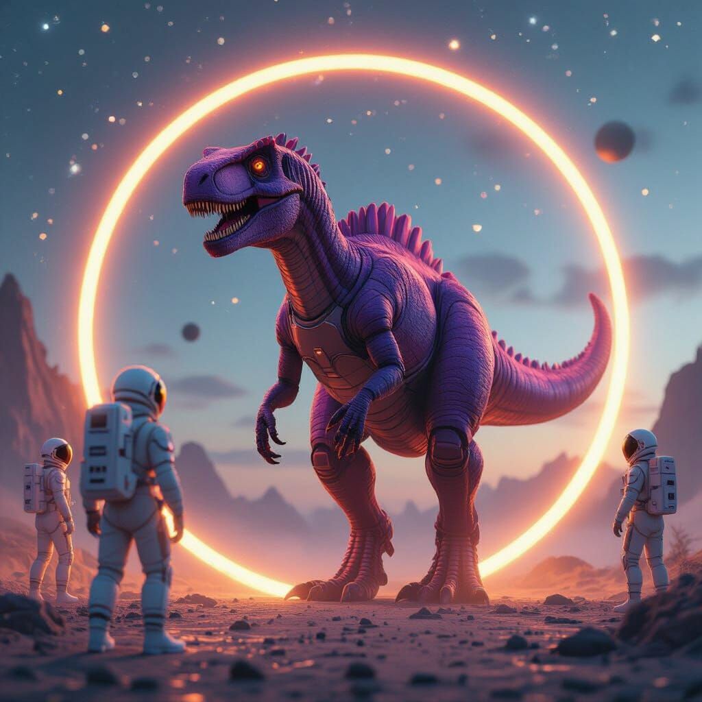 a purple dinosaur walks through a glowing circle while astronauts watch in horror. The sky is full of stars