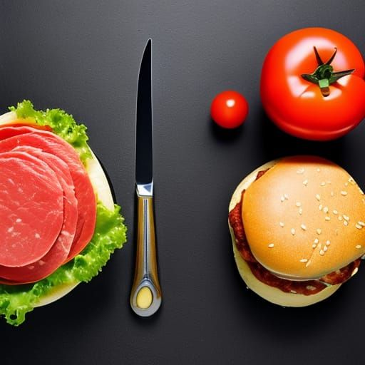 food, hamburger, no person, on table, meat, cheese, ham, tom...