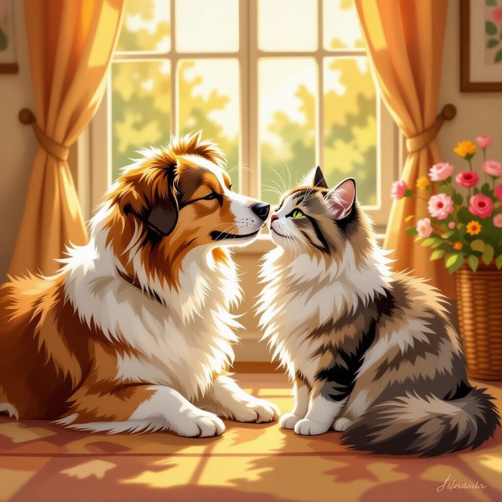 Dog Kisses Cat: A Beatrix Potter-esque Scene