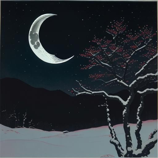 Winter full Moon shining against branches. Starry sky. Deep ...