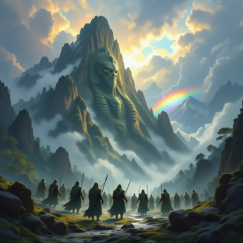 An army of ancient draconian guards, weathered by centuries, emerging from a mist-shrouded mountain peak