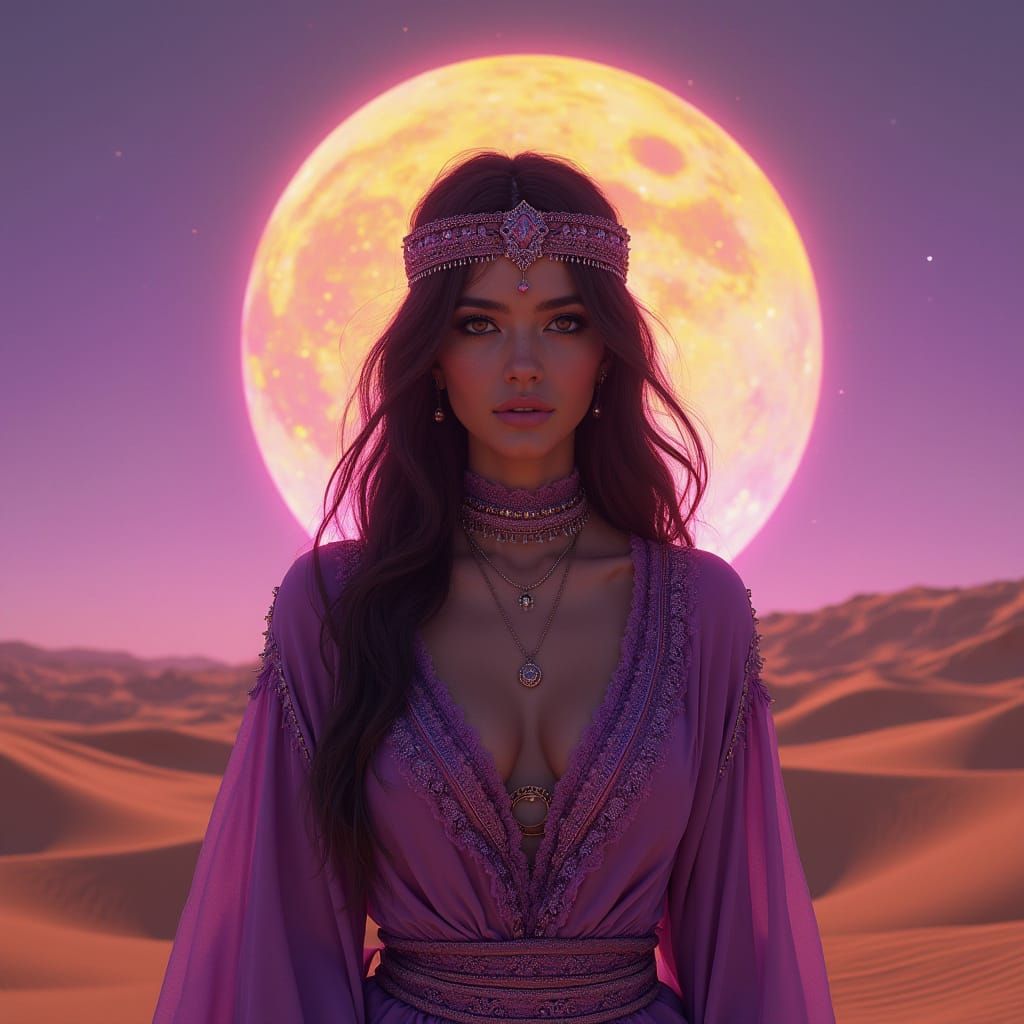 Hyperrealistic portrait of a beautiful woman wearing middle east clothes, in a PSYCODELLIC desert, with on top title writing with arabic sti...