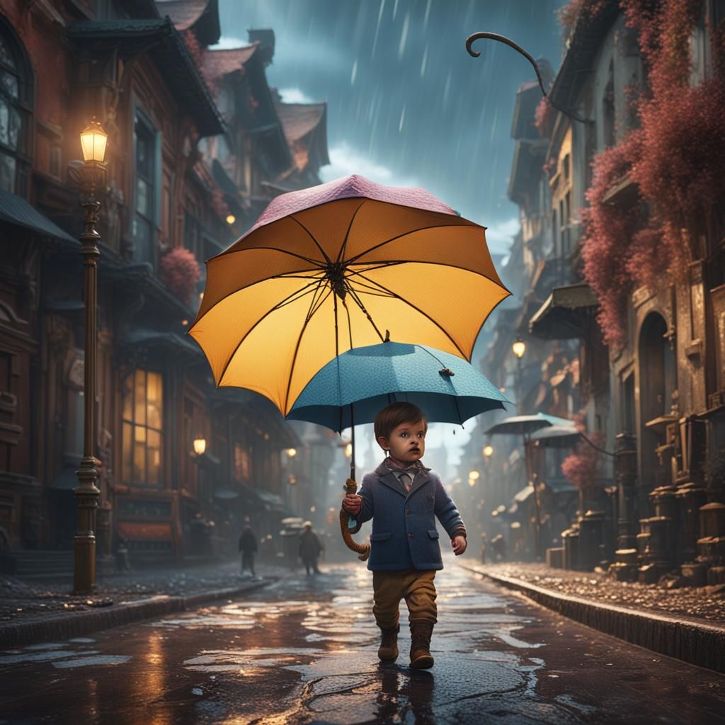 A baby with a mustache walking down the street with an umbre...