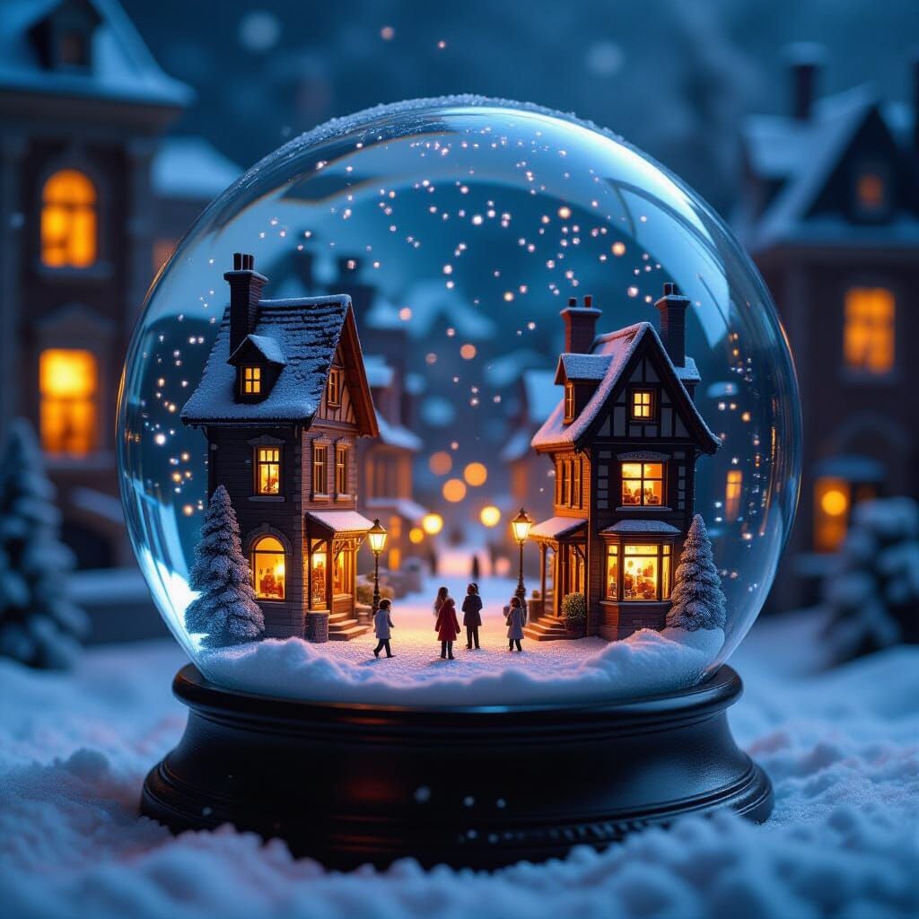 Bustling City Inside a Snow Globe with Warm Light