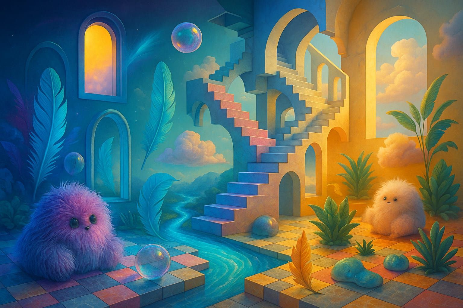 Dreamlike Surreal world in vivid wide color palette, composited of objects and living beings