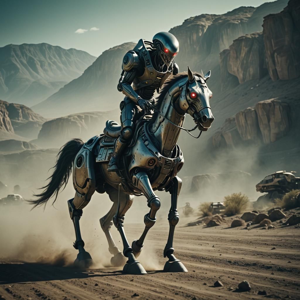 Alien riding a robot horse