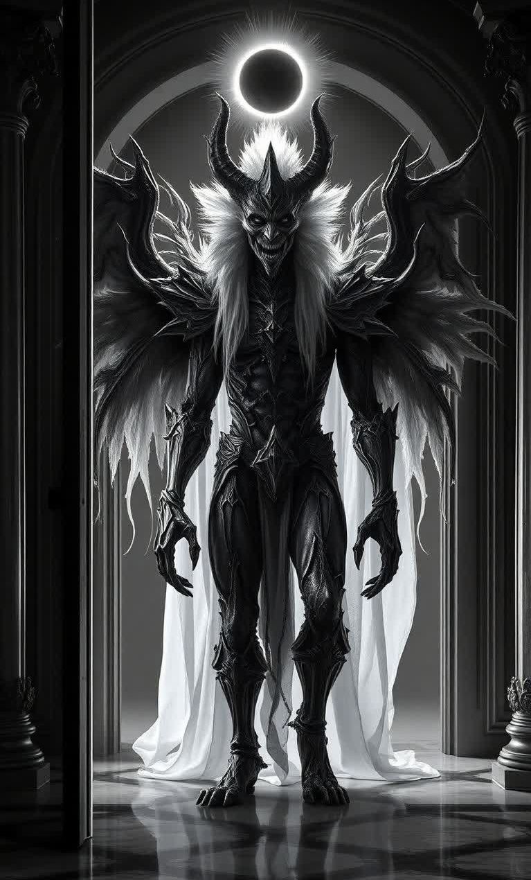 Scary black and white noir style macabre horror art creation of the devil Lucifer motionlessly standing i a dark hallway...