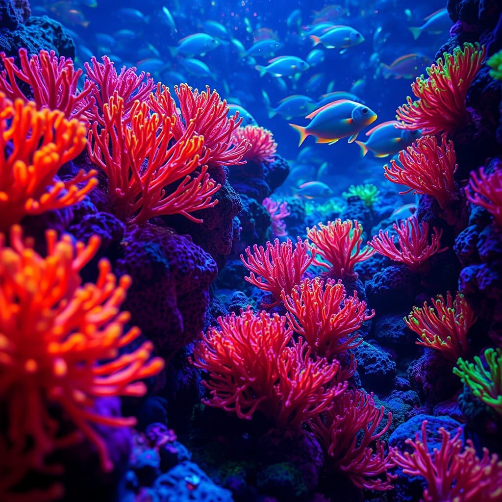 fluorescent coral reef, electric blue and green sea fans, an...