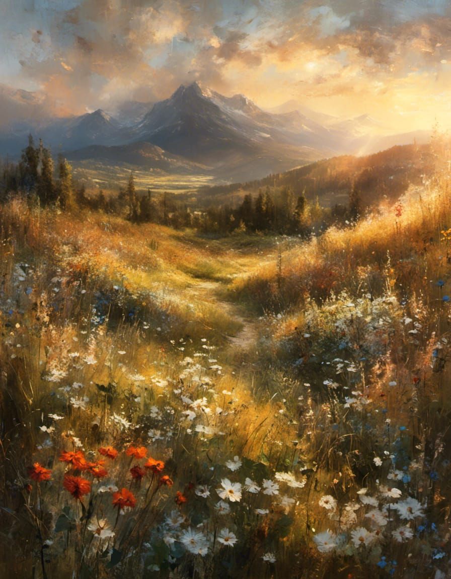 A meadow of wildflowers, mountains on the horizon, sunset