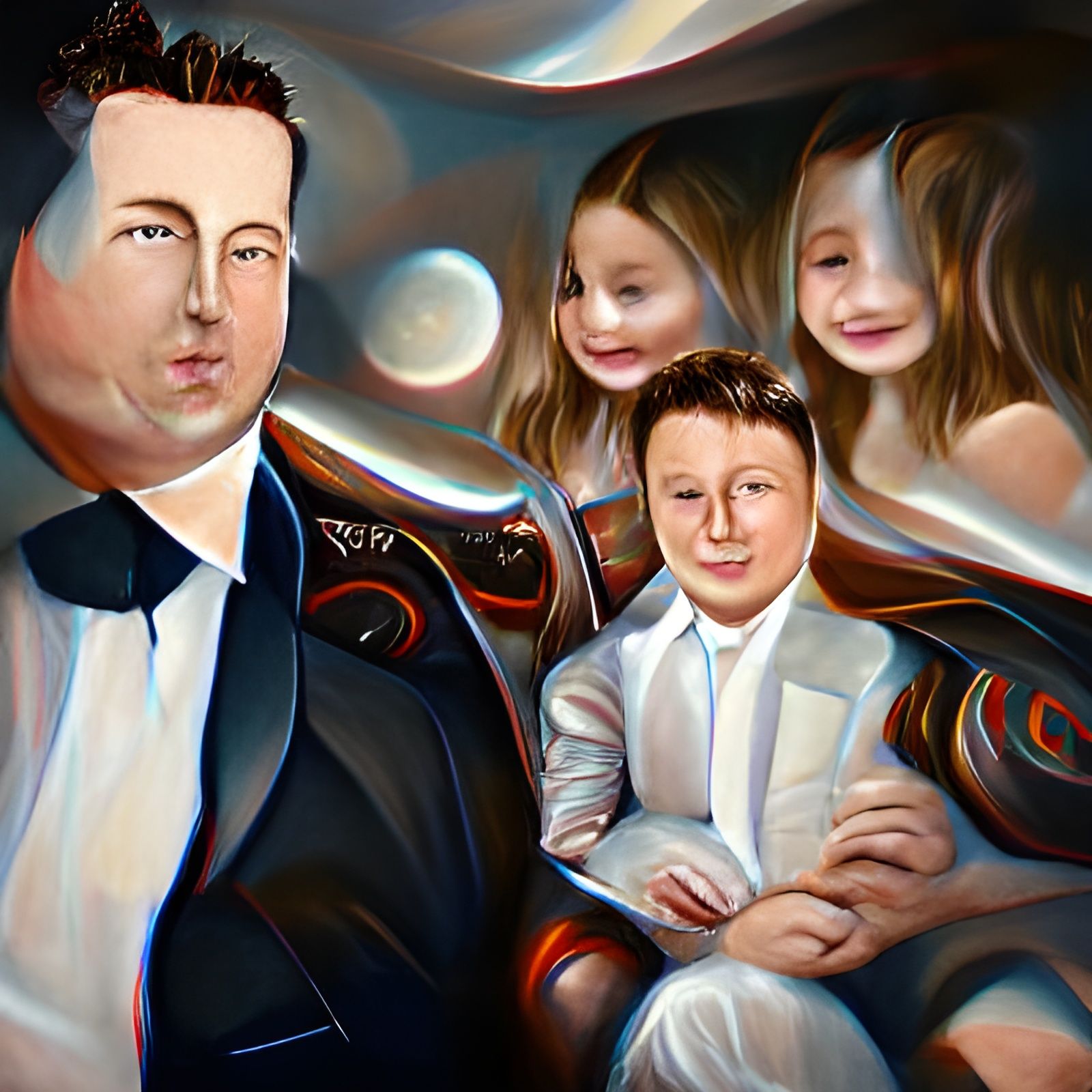 Elon Musk. Wearing a stylish suit. He is proud of his childr...