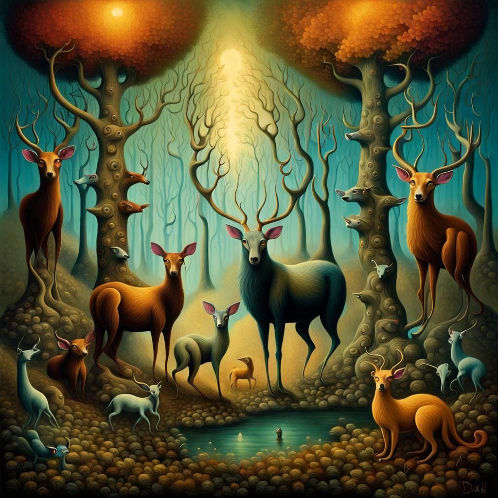 surreal art, surrealist painting of animals in an enchanted forest ...