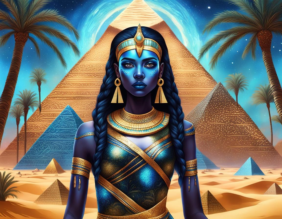 queen of egypt with big black eyes and blue makeup, black ha...
