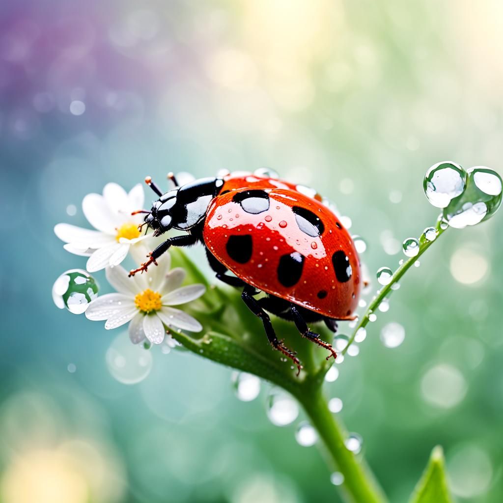 Macro photo of a ladybug on a flower with raindrops  by @Robarbie