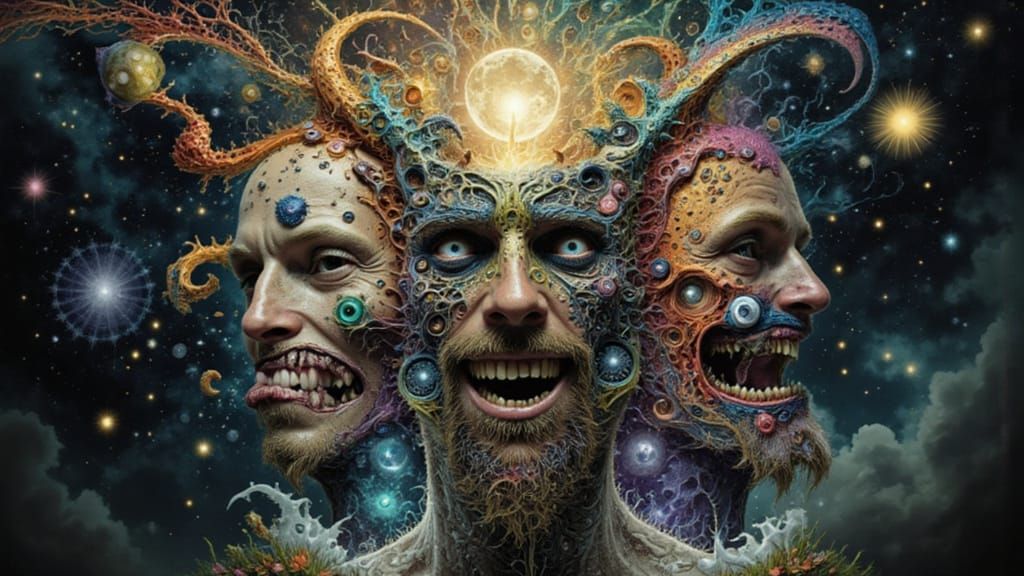 a hyperealistic hyperdetailed image of something about mutation of facial features with other fractal faced men <lora:steveface1:1.0> creepi...