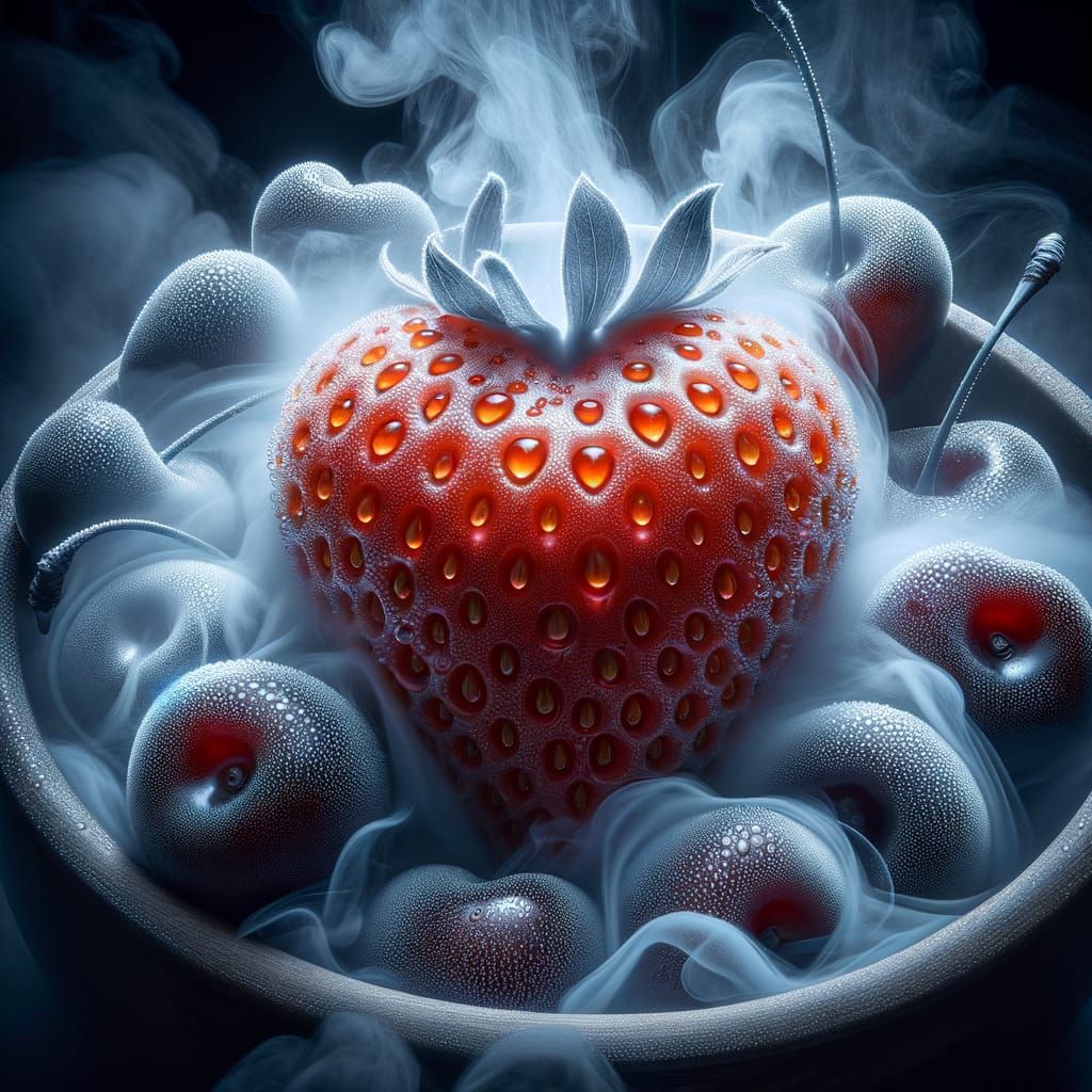 Strawberry and cherries, liquid nitrogen, FLIR photography