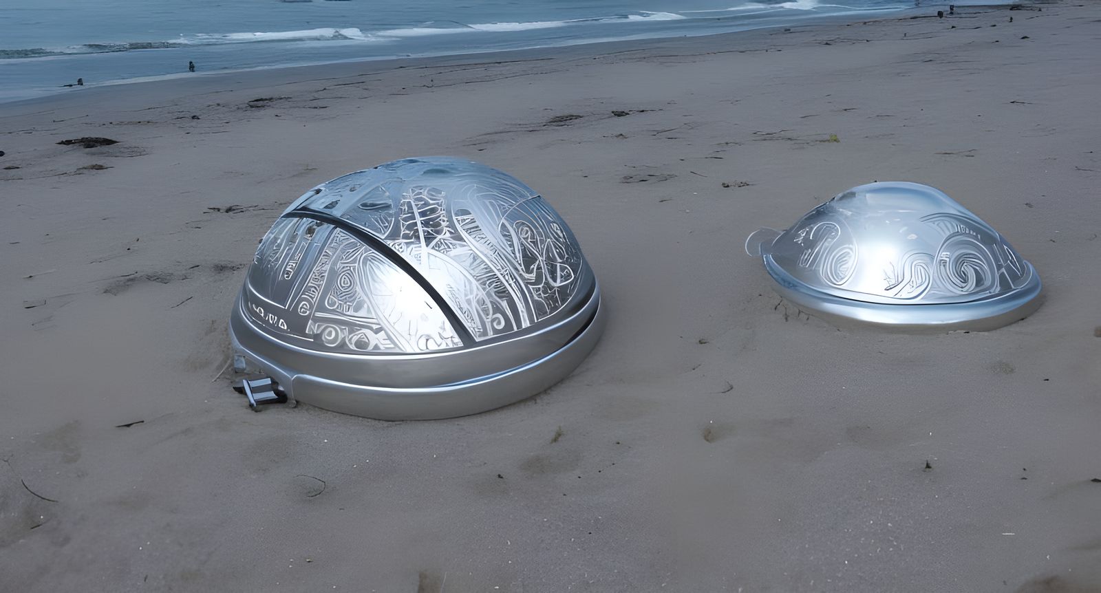 A silver ufo over the beach