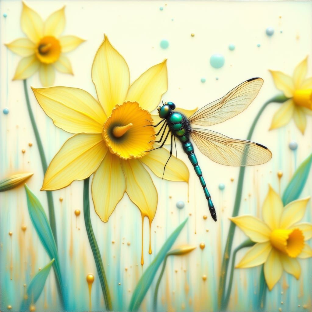 <lora:Teal and gold:1.0> a daffodil and dragonfly 
