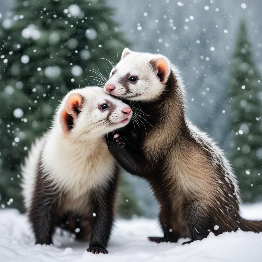 ferret giving hugs to another ferret in the falling snow with ...